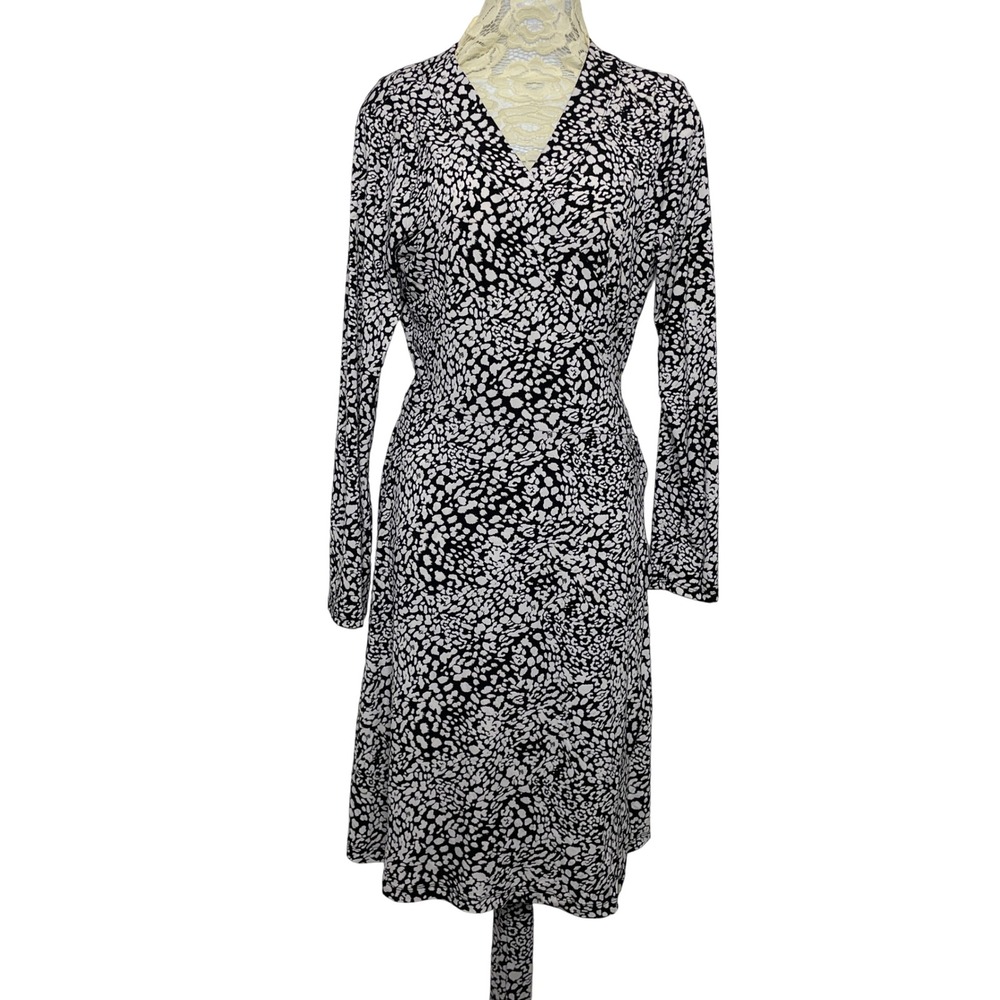 Banana Republic Wrap‎ Dress Womens L Black White Animal Print Office Classic